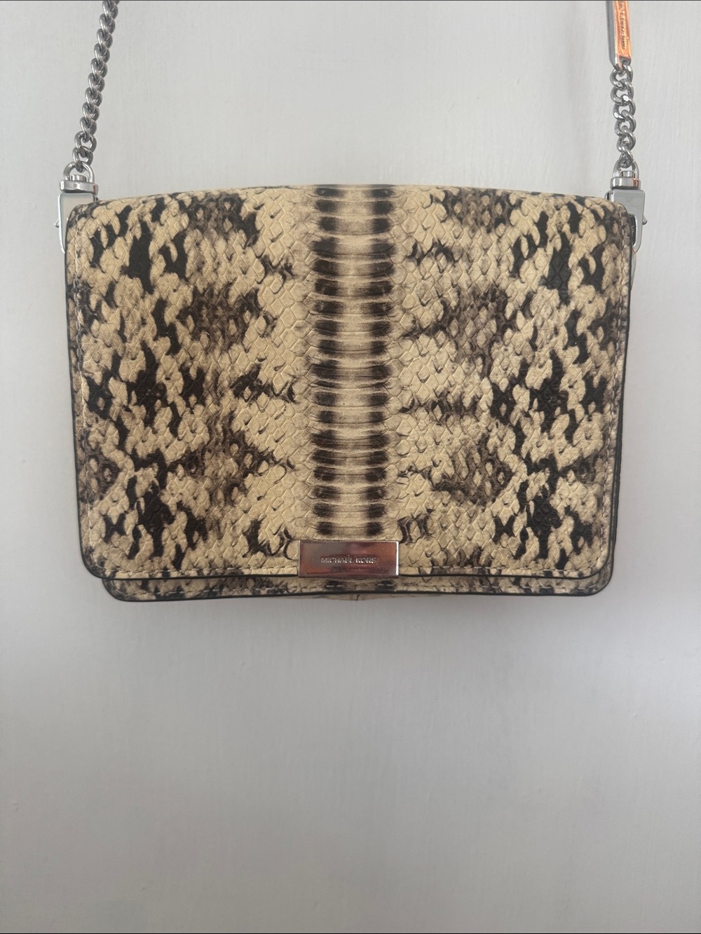 Michael Kors Black and Beige Snake-Print Crossbody with Chain Strap